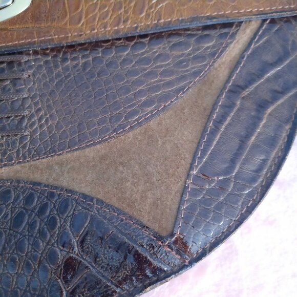 vintage Italian Leather Handbag Bag Brown Faux Croc Embossed Suede Top Handle - Picture 3 of 12